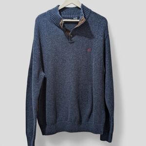 Vintage Chaps Mens XXL Sweater Navy 1/4 Button Elbow Patch Ribbed Hem Neck & Arm